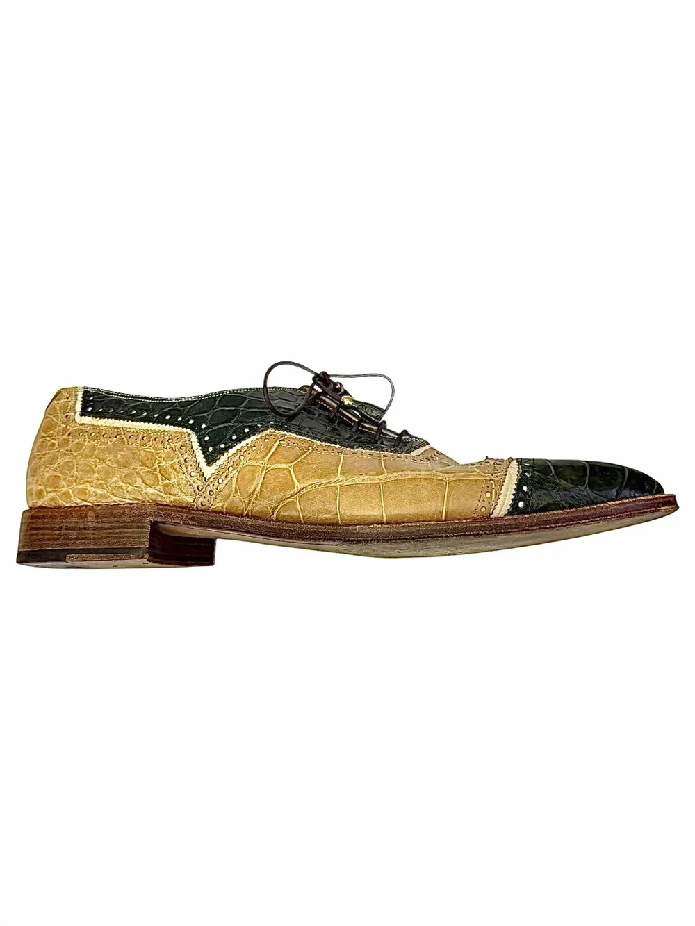 Mauri Crocodile Spectator Dress Exotic Brogue Green Tan Size 16 Made In Italy
